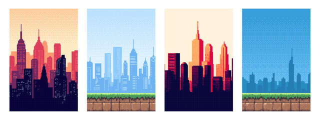 Diverse pixel art cityscapes illustrating day and night scenes. Abstract metropolis skyline for gaming background and retro design projects. © hiten666