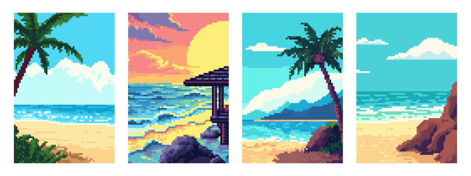 Pixel art tropical beach scene set collage. Retro arcade game aesthetic with palm tree and ocean sunset for digital design.