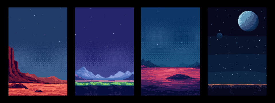 Four different pixel art space landscapes with alien planets and starry night sky backdrop views. Retro game background concept