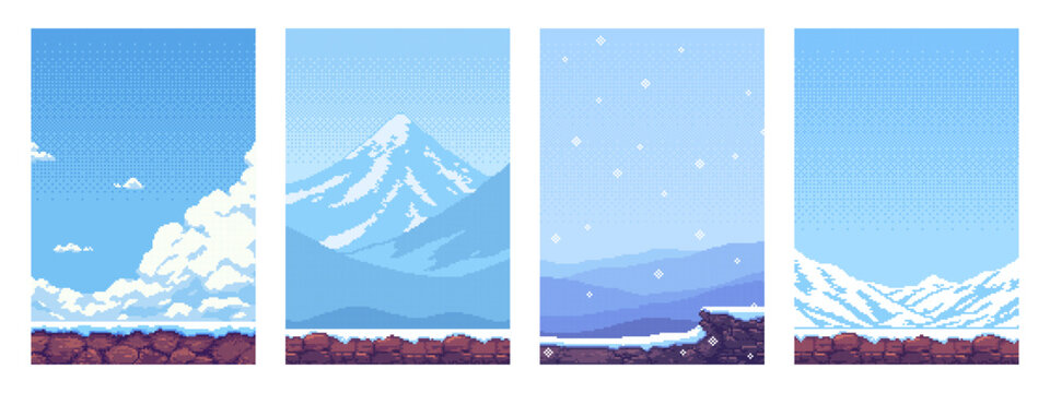 Pixel art winter landscape with mountains and clouds. Game background design asset. Retro old school 8 bit style illustration for mobile application.