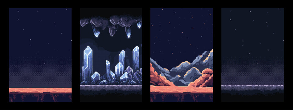 Pixel art game background with starry night and various landscapes. Retro 8 bit style for video game design and digital art concept.