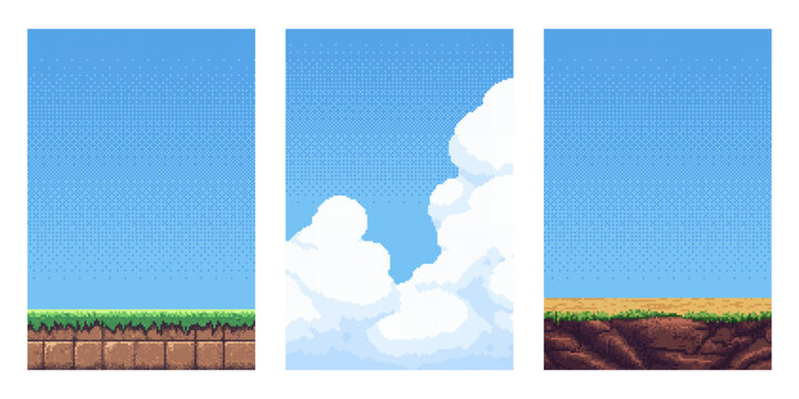 Pixel art vector background set with sky and clouds landscape. Game graphic design element for retro arcade game. Mobile interface screen.