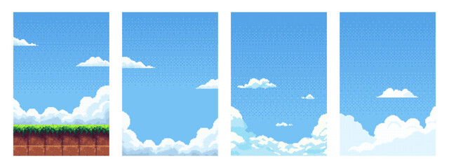 Four pixel art seamless sky and cloud backgrounds with ground for game development. Retro 8 bit style asset for user interface design. © hiten666