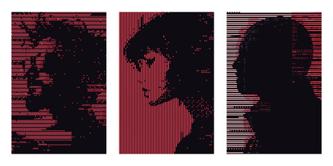 Digital glitch portrait collage for data visualization. Abstract cyber pattern with woman profile pixelated. Modern minimal graphic design.