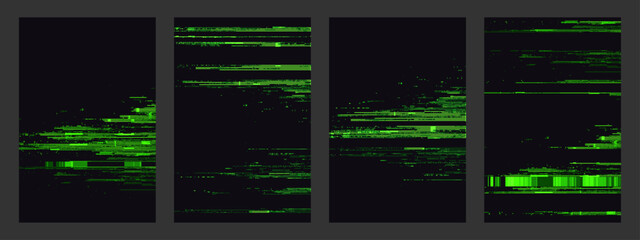 Fototapeta premium Green glitch background with random distorted lines and noise. Abstract digital pattern for screen corruption effect. Minimalist tech wallpaper.