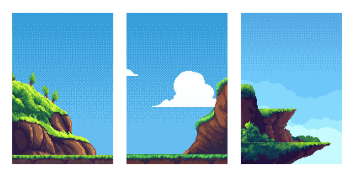 Set of pixel art game background scenes with nature landscapes. Retro 8 bit style digital vector illustration for video game level design.