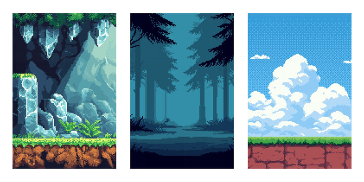 Vertical pixel art vector game backgrounds featuring a cave, forest, and sky with clouds. Retro 8 bit style for video game design and app interface.