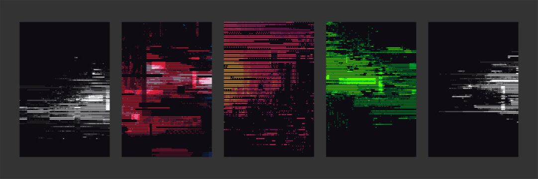 Glitch background vector abstract line and pixel art for digital design. Data distortion with noise effect on black.