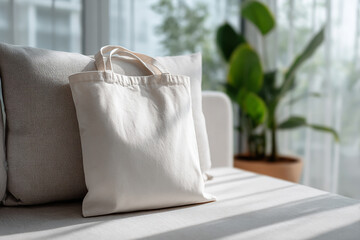 Blank tote bag mockup on couch with sunlight for product and logo showcase in interior setting