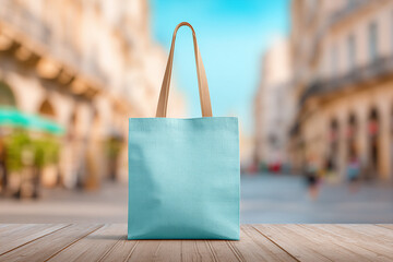 Blank tote bag mockup on urban shopping street for product and logo showcase in marketing design