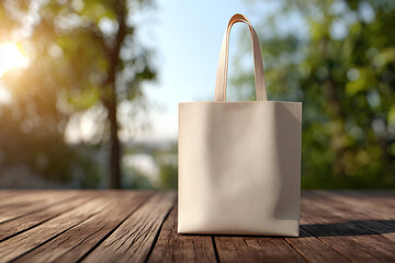 Blank tote bag mockup on wooden picnic table with sun for product and logo showcase design use