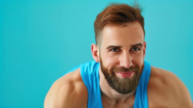 Smiling Man Portrait: a man with a beard gazes at the camera with a gentle and warm smile, against a tranquil blue backdrop.