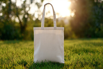Minimal realistic tote bag mockup on grass with sunlight for marketing, packaging, and eco branding