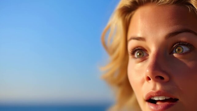 Surprised Woman's Face: A beautiful blonde woman with striking features and a look of astonishment on her face, possibly reacting to an unexpected event. Against a blurred blue sky background.
