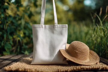 Realistic tote bag mockup on woven mat outdoor for branding and natural lifestyle display use