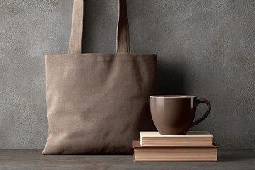 Realistic tote bag mockup with coffee cup and book for branding and cozy lifestyle display use