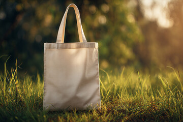 Tote bag mockup realistic design on grassy surface with soft sunlight for creative outdoor display