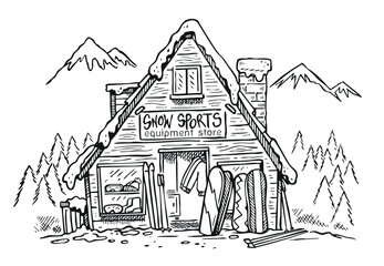Simple illustration of a snow sports equipment store. Cartoon-style artwork. © Rob