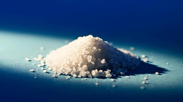 Pile of Salt Crystals: A close-up shot captures a glistening mound of salt crystals, the small granules forming a textured peak against a backdrop of deep blue.