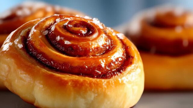 Cinnamon Roll: The image features a close-up of a delectable cinnamon roll, with its warm, inviting swirls glistening with a sweet glaze, inviting us to indulge in its comforting taste. 