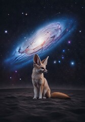 Fototapeta premium A small Fennec fox sits alertly in the dark desert sand, its huge ears catching sounds under a brilliant, expansive galaxy of stars, beautiful, fox, nocturnal