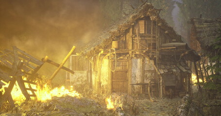 Historic cottage roof collapsing into flames, roaring blaze consuming timber and thatch, shattered windows and falling beams, orange glow casting dramatic night