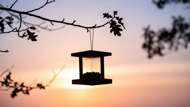 Silhouette of a Bird Feeder at Sunset - A Serene Moment.
