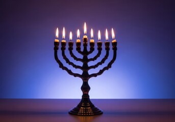 A traditional metal Hanukkah menorah holds nine bright candles, the flames radiating warmth and tradition during the Jewish Festival of Lights, wick, winter, close up