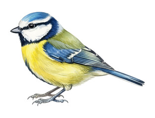 Obraz premium Blue Tit bird standing calmly with vibrant blue yellow green and white feathers in a detailed watercolor illustration