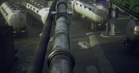 Naklejka premium Leading pipeline view into industrial tank yard, foreground mainline guiding eye to storage vessels, loading areas and service roads, gritty urban industrial