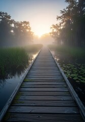Eerie wooden boardwalk stretching over dark swamp water covered in thick morning mist, surrounded by dense, lush marsh vegetation, scenery, outdoors, moss