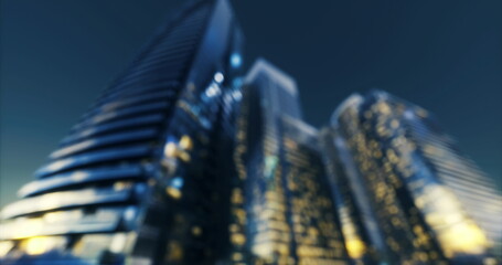 Fototapeta premium softfocused luxury highrises at twilight, curved glass surfaces and warm internal glow suggest premium residences and rooftop lifestyle scenes