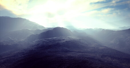blue hour valley with sunbeams cutting through mist and layered ridges, moody twilight atmosphere perfect for film scouting, aerial survey mood, dramatic tonal