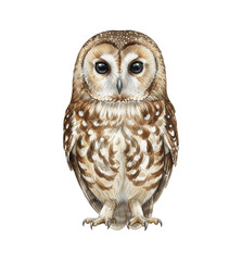 Obraz premium Cute brown and white owl standing alertly looking forward in detailed watercolor illustration style