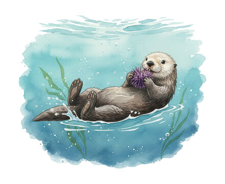 Cute sea otter happily floating on its back eating a spiky purple sea urchin in clear blue water with plants