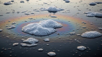 Naklejka premium An abstract view of oil spill iridescent colors and bubbles on the water. A compelling visual representation of environmental pollution, emphasizing the beauty and the impact.