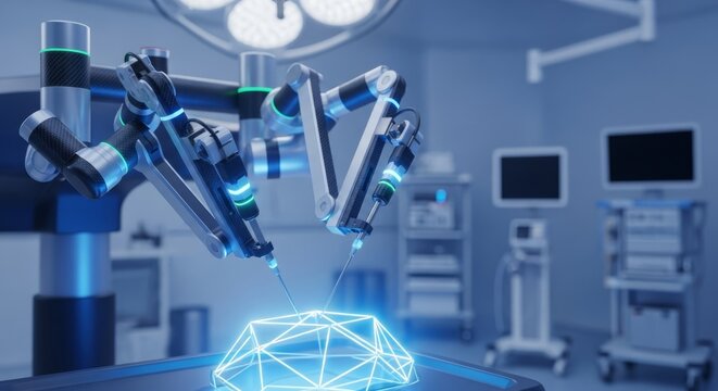 Highly detailed view of advanced surgical robotic manipulators demonstrating extreme precision in a sterile operating environment within a healthcare facility, control, surgery, modern