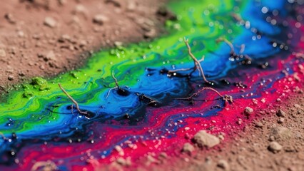 Fototapeta premium A mesmerizing display of vibrant rainbow colors seamlessly flowing across the dry earth, evoking a sense of artistic surrealism.