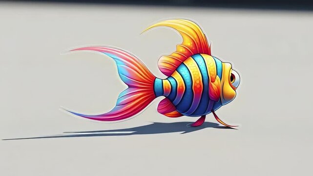 High-resolution video of a colorful cartoon fish illustration centered on a flat surface