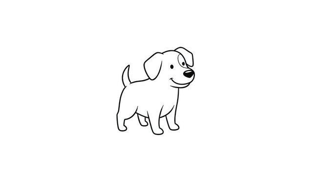 Minimalist studio video of a cartoon dog outline illustration centered on a clean white background. Soft even lighting produces flat tones and clear lines