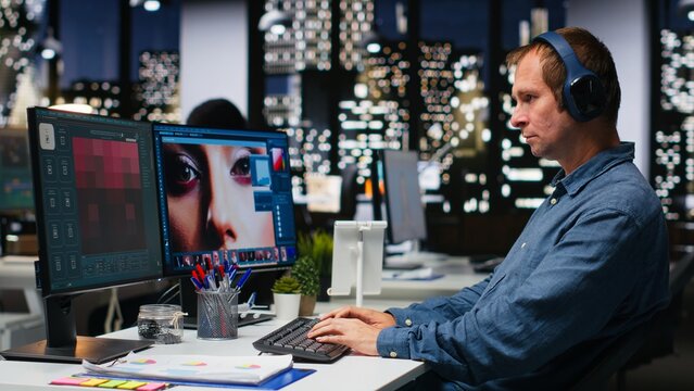 Photography editor using AI chatbot turning text prompt into photos and retouching, adjusting color to ensure professional content for clients. AI powered image editing, creative industry. Camera B.