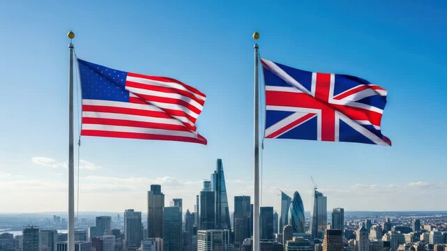 USA and UK flags waving in wind against city skyline and blue sky