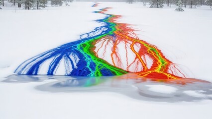 Obraz premium A vibrant, rainbow-colored stream flows through a snowy landscape, creating a striking contrast of colors in the frigid environment.