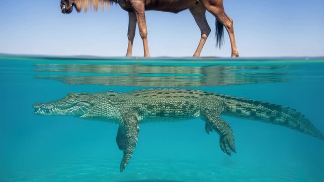 Wildebeest Above Water, Crocodile Below in Clear Blue Lagoon