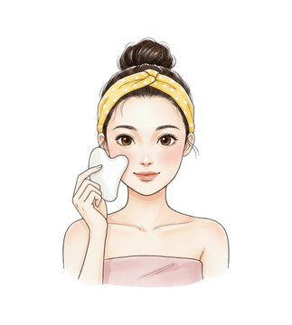 Asian woman happily doing gua sha facial massage with a white tool wearing a yellow headband and pink towel looking cheerful and relaxed