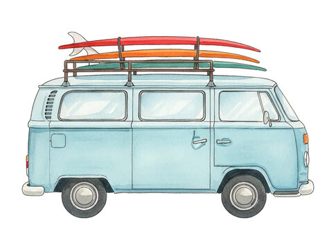 Light blue vintage camper van with colorful surfboards on roof rack for summer beach travel adventure