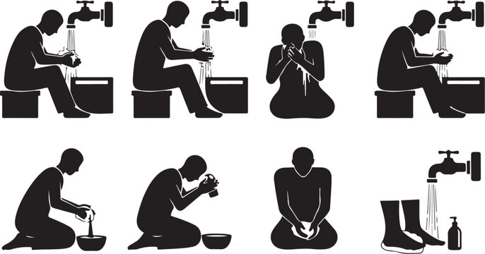 Muslim Man Performing Ablution Ritual Steps Black Silhouette Vector Illustration