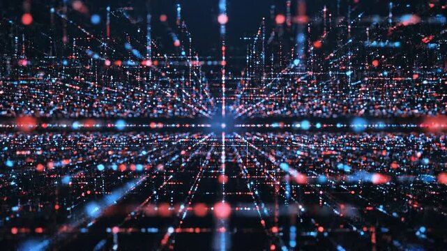 A cinematic angle of a digital grid with rapidly flowing blue and red data particles. The animation creates a sense of speed and information transfer across a high-tech surface.