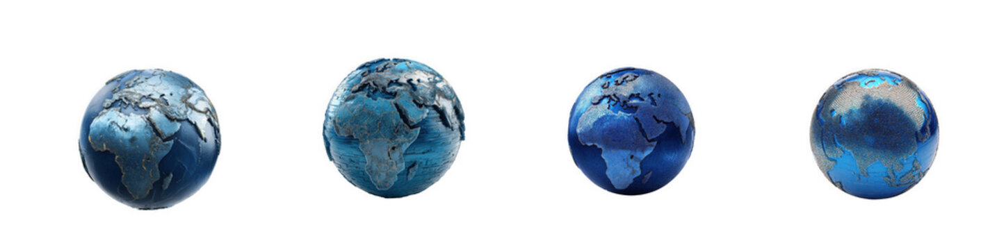 Four stylized earth globes varying in color and detail presented on transparent background high quality professional