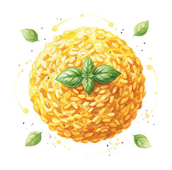 Fototapeta premium Delicious Risotto or Rice Dish Topped with Fresh Green Basil Leaves and Spice Garnish with Appetizing Look